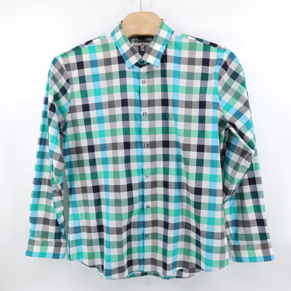 NEW Express‎ Fitted Plaid Button Down Shirt Green Blue Mens XXL - Picture 2 of 8